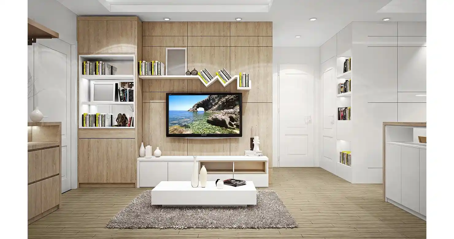 The same interior after HDR blending, with the window view recovered and evenly lit walls