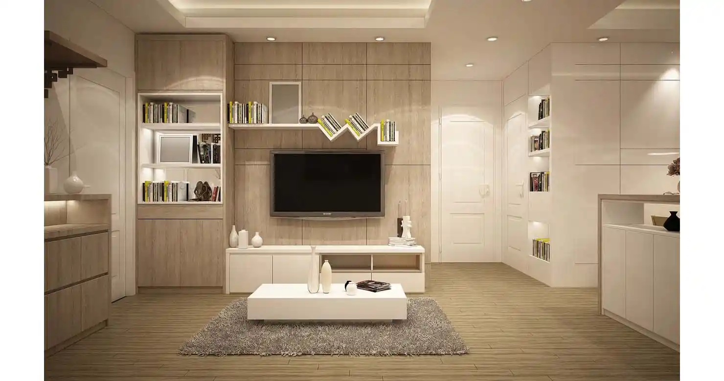 Interior property photo with blown-out windows and dark shadowed corners